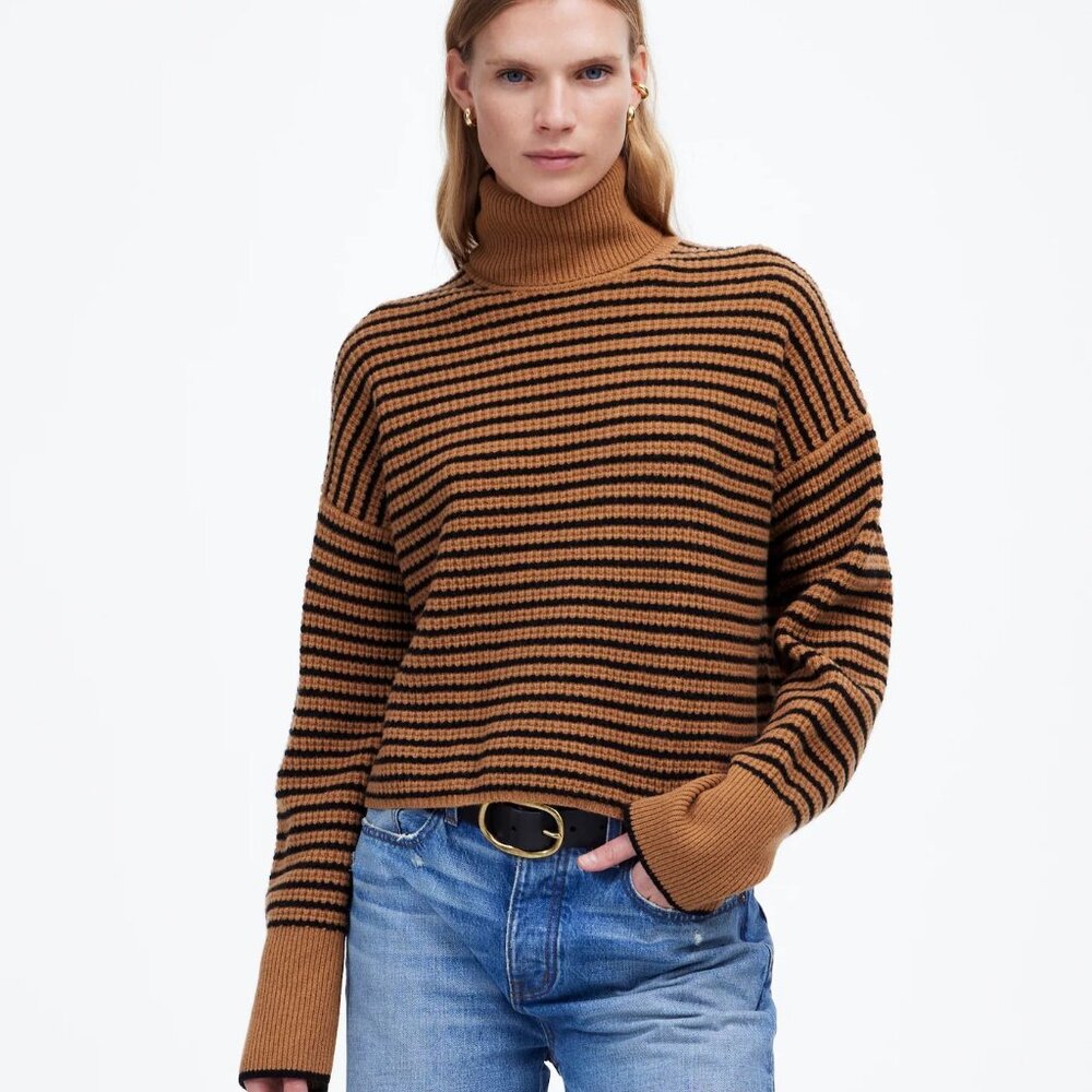 Madewell Sweater Womens Medium Brown Black Striped Wool Waffle Knit Turtleneck